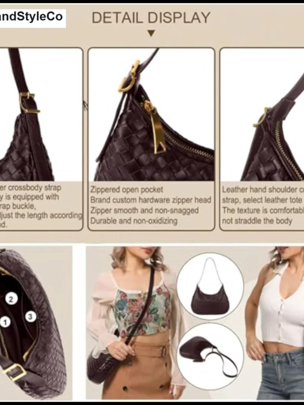 Women's Woven Leather Crossbody Hobo Shoulder Bag with Zipper Adjustable Strap
